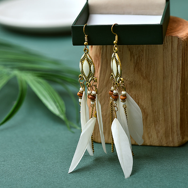 Creative Retro Tassel Feather Earrings Women's Long Oil Dripping