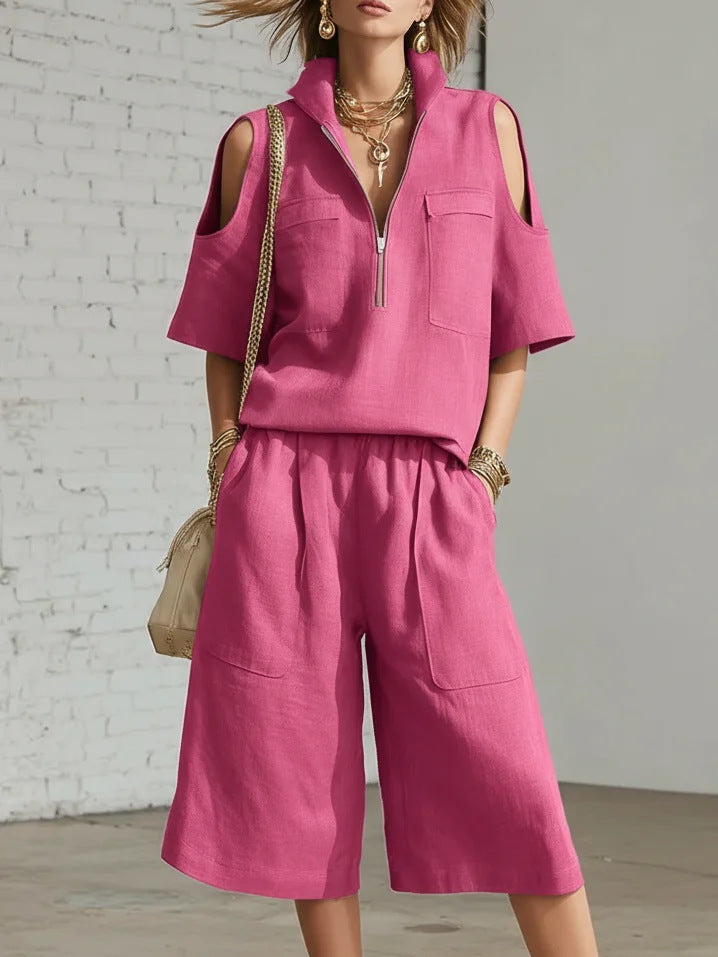 Womens Short-Sleeve Shirt And Shorts Loose Pants Two-Piece Set