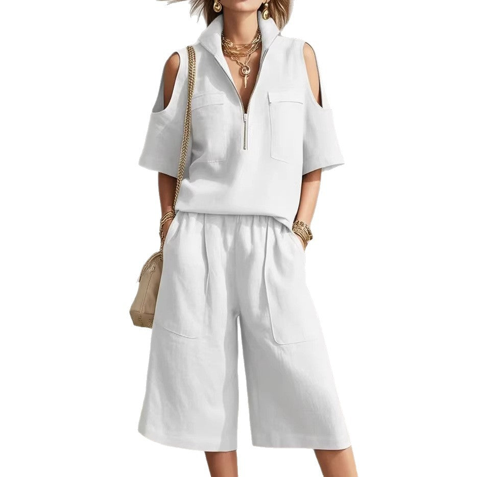 Womens Short-Sleeve Shirt And Shorts Loose Pants Two-Piece Set