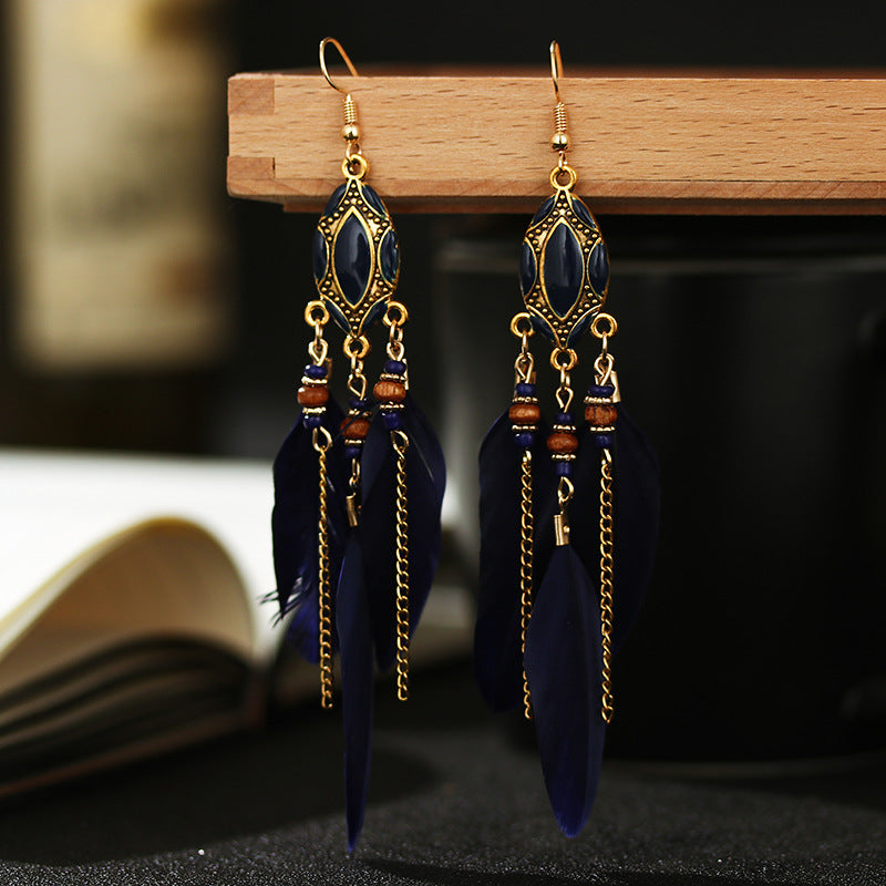 Creative Retro Tassel Feather Earrings Women's Long Oil Dripping