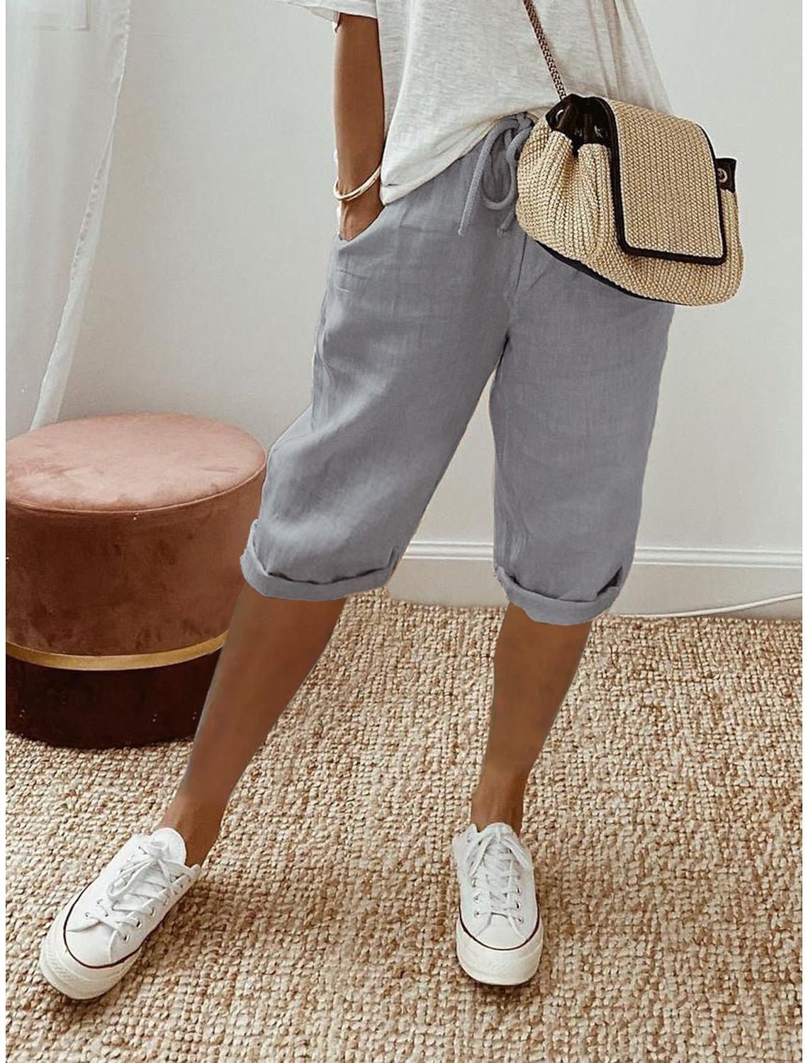 Women's Cotton And Linen Pocket Elasticated Slacks Women's Fifth Pants