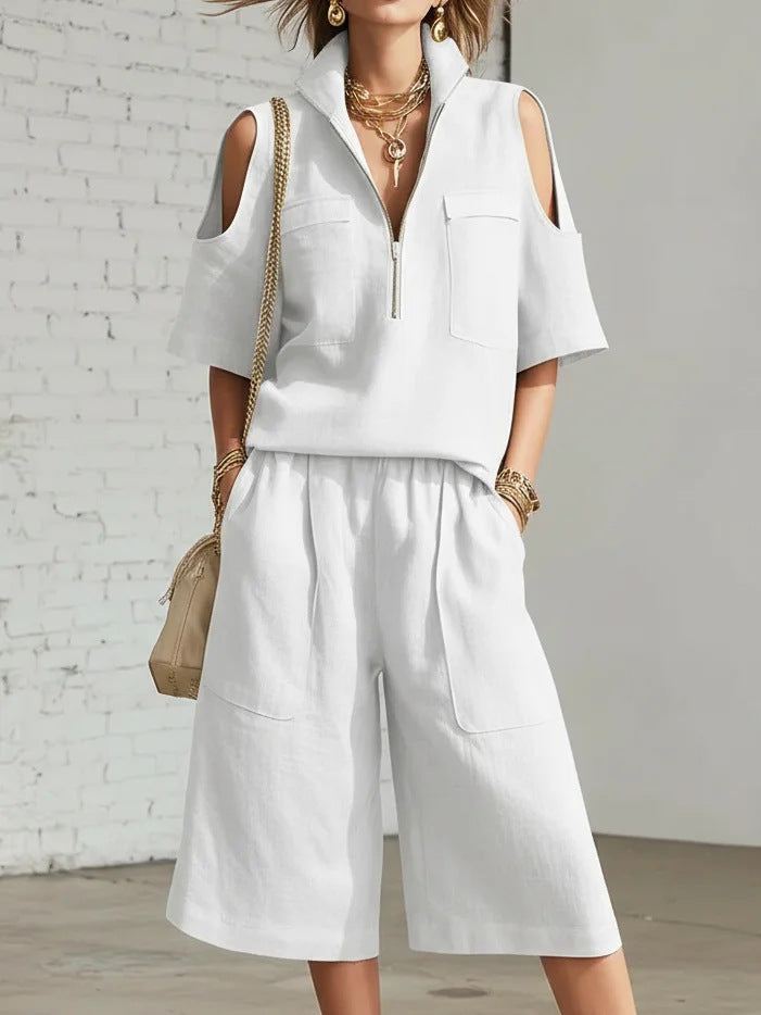 Womens Short-Sleeve Shirt And Shorts Loose Pants Two-Piece Set