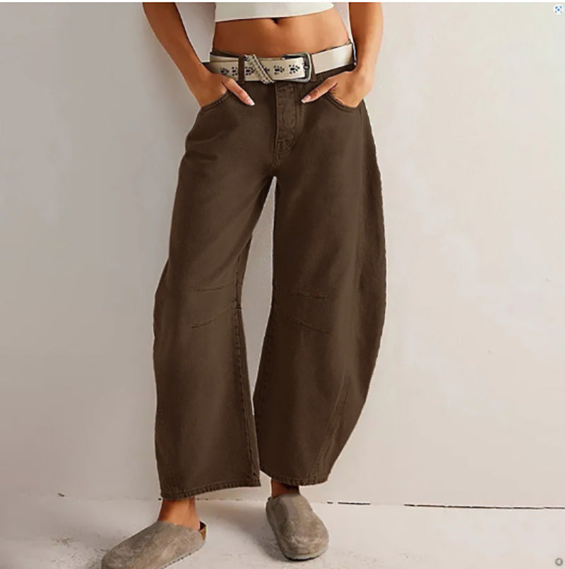 High Stretch Mid-Rise Barrel Jeans Fashion Wide Leg Shape Women Casual Baggy Mid Waist Denim Jeans