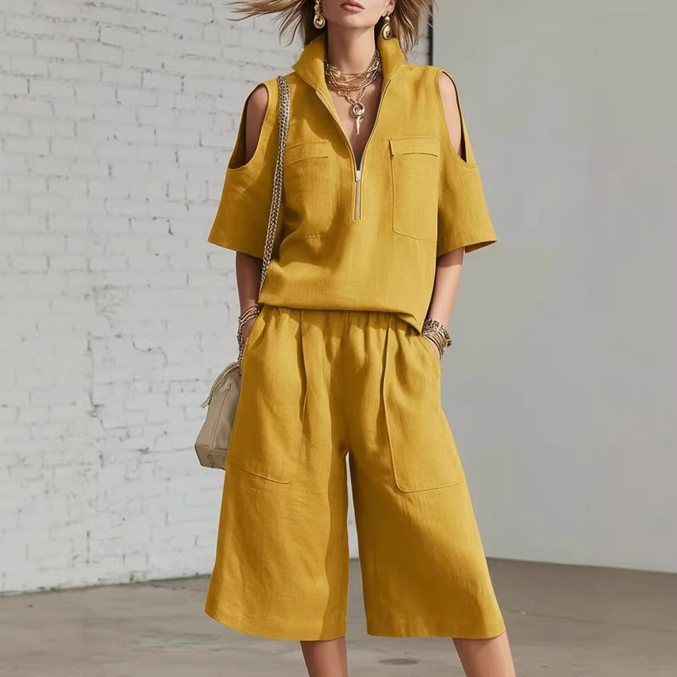 Womens Short-Sleeve Shirt And Shorts Loose Pants Two-Piece Set