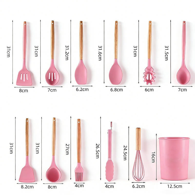 Kitchen Utensil Set 12 PCS Silicone Cooking Tools With Wooden Handle, Cooking Utensils Set Heat Resistant & Non-Scratch For Nonstick Pans, Utensil Set Includes Spatula, Spoon & Tongs, Kitchen Accessor