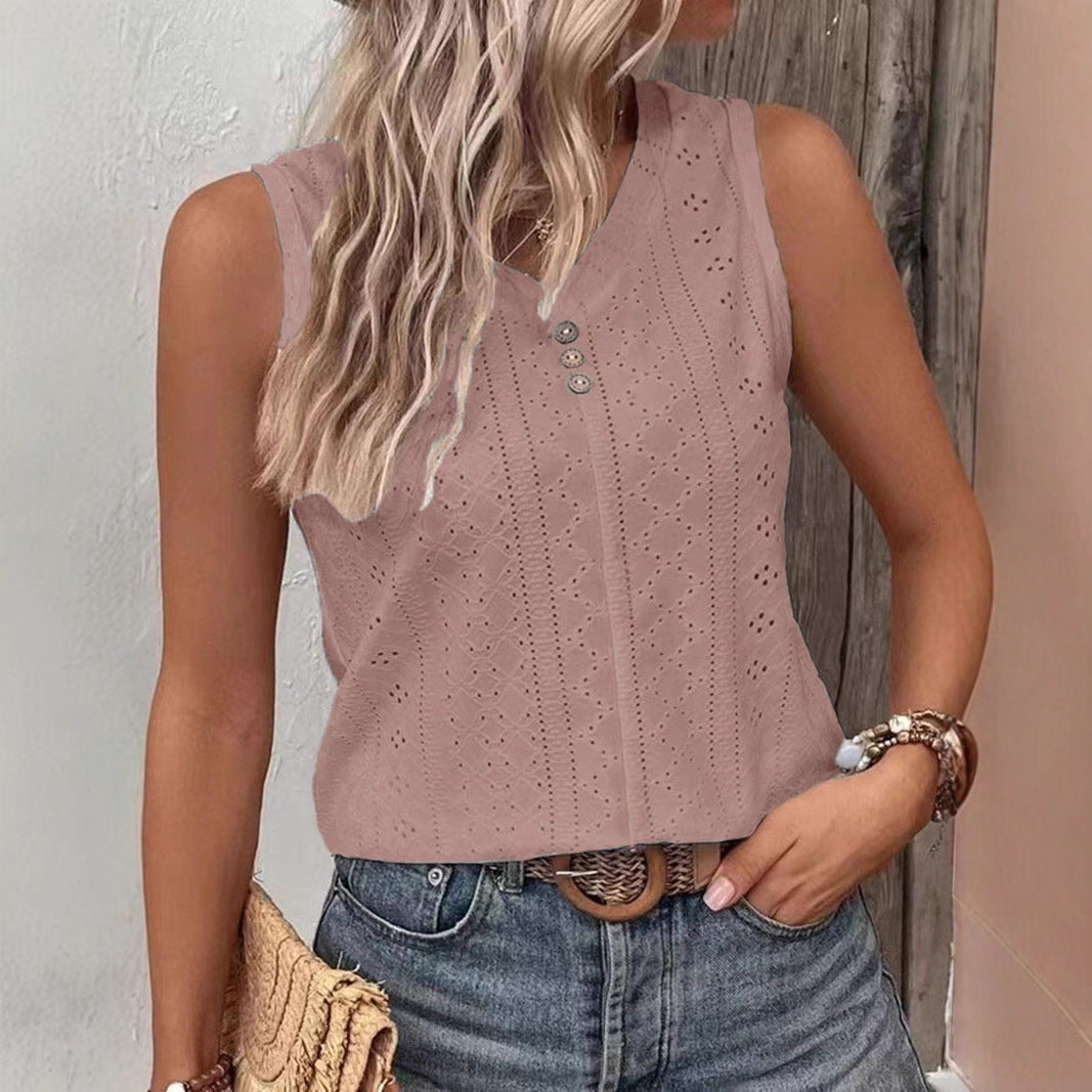 Solid-color Casual Round-neck Button-back Tank Top T-shirt