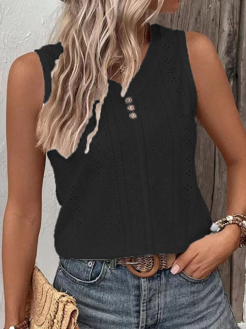 Solid-color Casual Round-neck Button-back Tank Top T-shirt