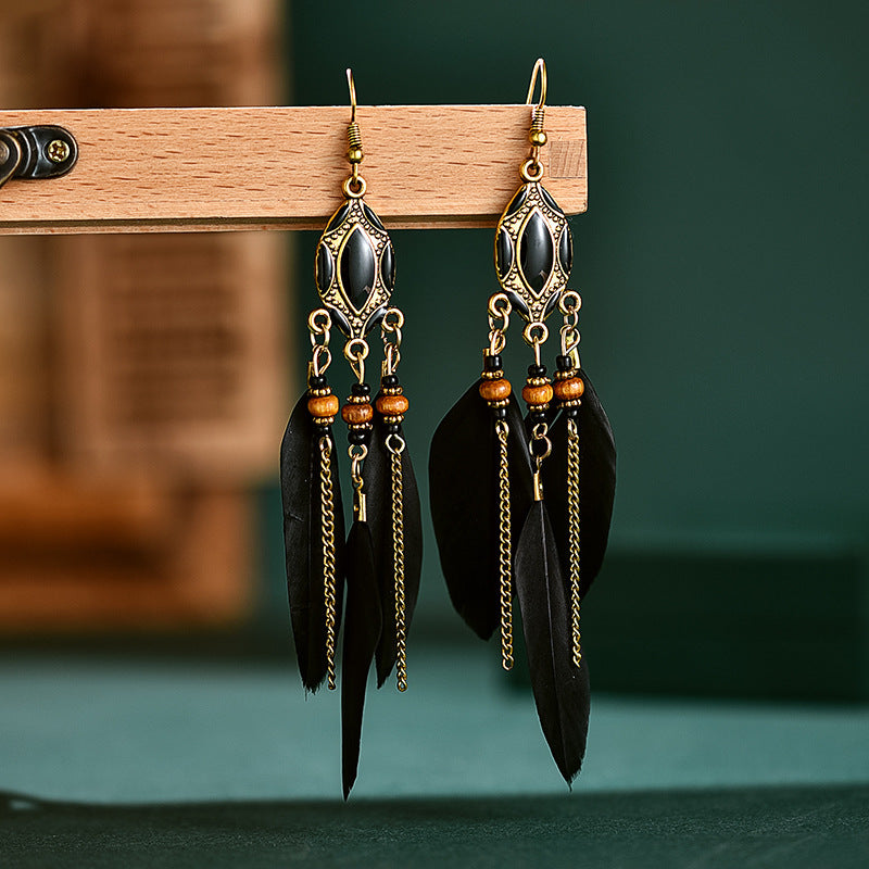 Creative Retro Tassel Feather Earrings Women's Long Oil Dripping