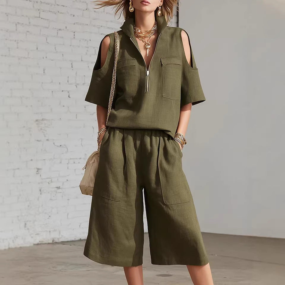Womens Short-Sleeve Shirt And Shorts Loose Pants Two-Piece Set