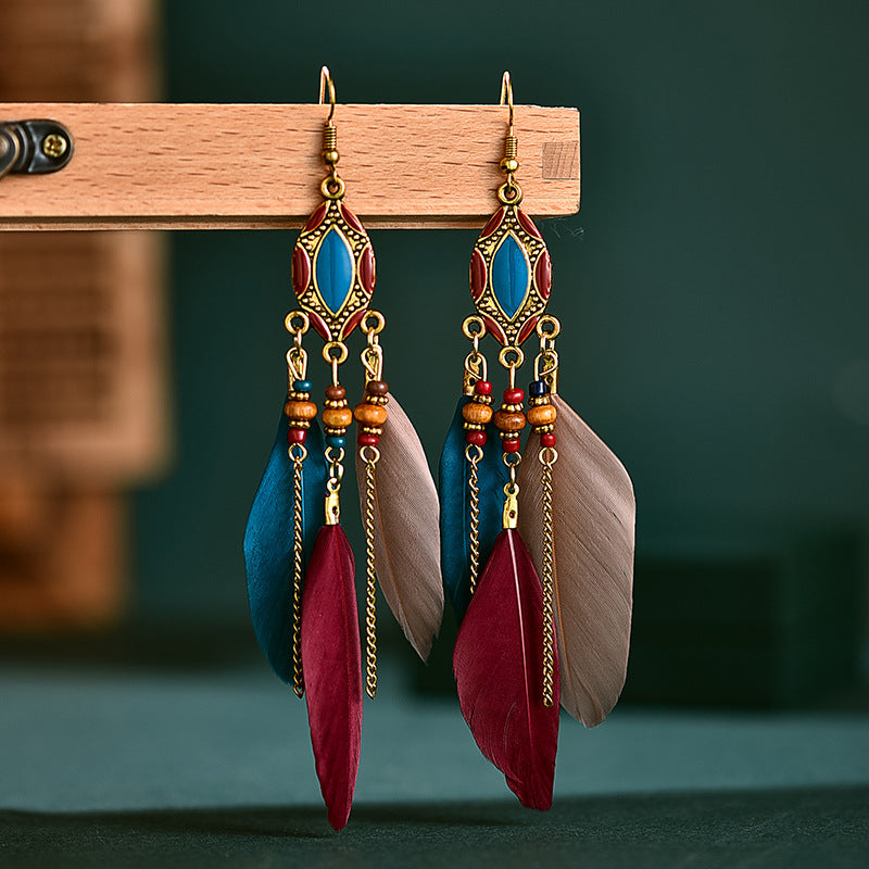 Creative Retro Tassel Feather Earrings Women's Long Oil Dripping