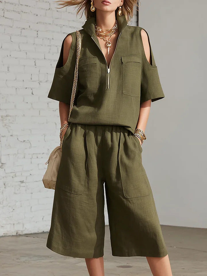 Womens Short-Sleeve Shirt And Shorts Loose Pants Two-Piece Set