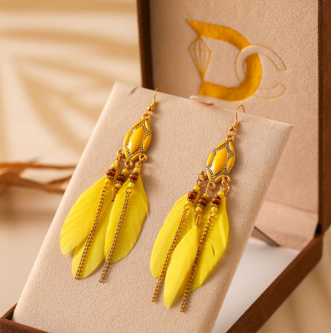 Creative Retro Tassel Feather Earrings Women's Long Oil Dripping