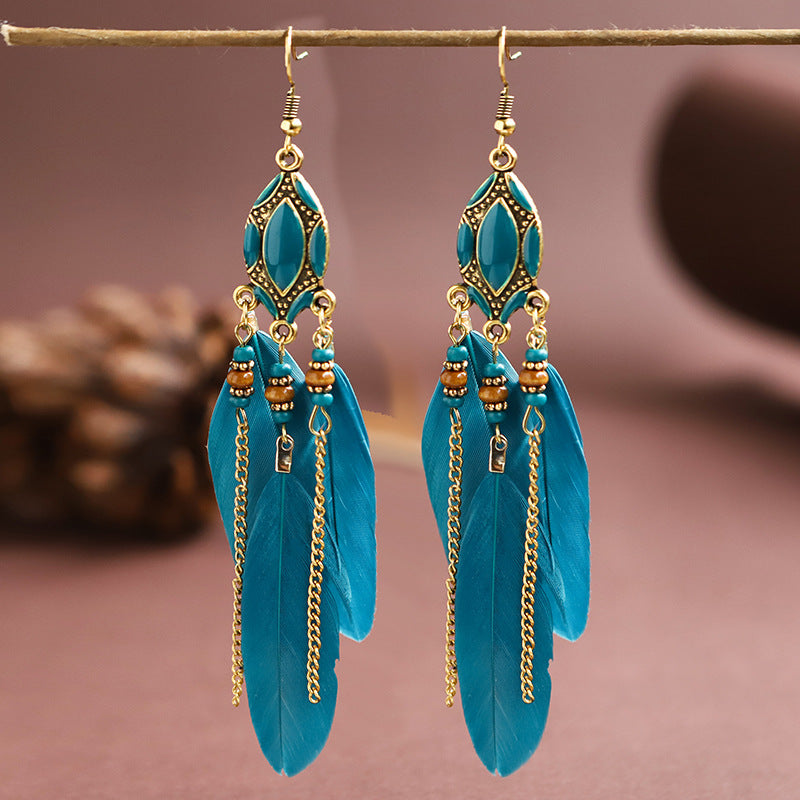 Creative Retro Tassel Feather Earrings Women's Long Oil Dripping
