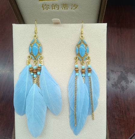 Creative Retro Tassel Feather Earrings Women's Long Oil Dripping
