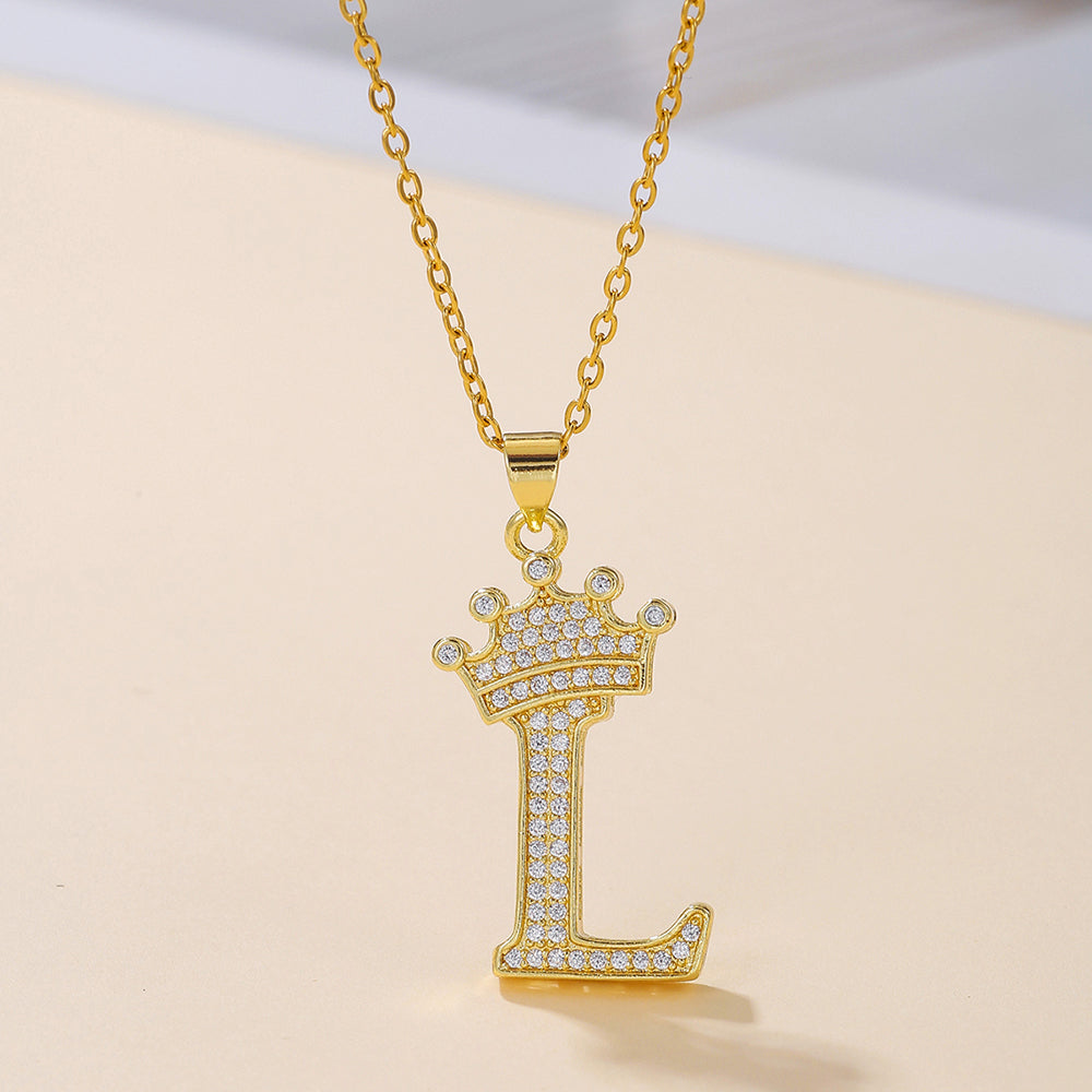 1PCS Fashionable Gold Diamond Crown Uppercase Letter Popular Pendant Necklace Suitable For Daily Use Festivals Parties Gifts Jewelry Set