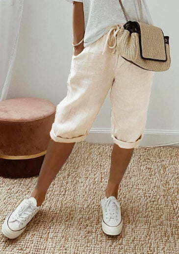 Women's Cotton And Linen Pocket Elasticated Slacks Women's Fifth Pants