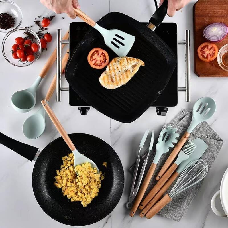 Kitchen Utensil Set 12 PCS Silicone Cooking Tools With Wooden Handle, Cooking Utensils Set Heat Resistant & Non-Scratch For Nonstick Pans, Utensil Set Includes Spatula, Spoon & Tongs, Kitchen Accessor