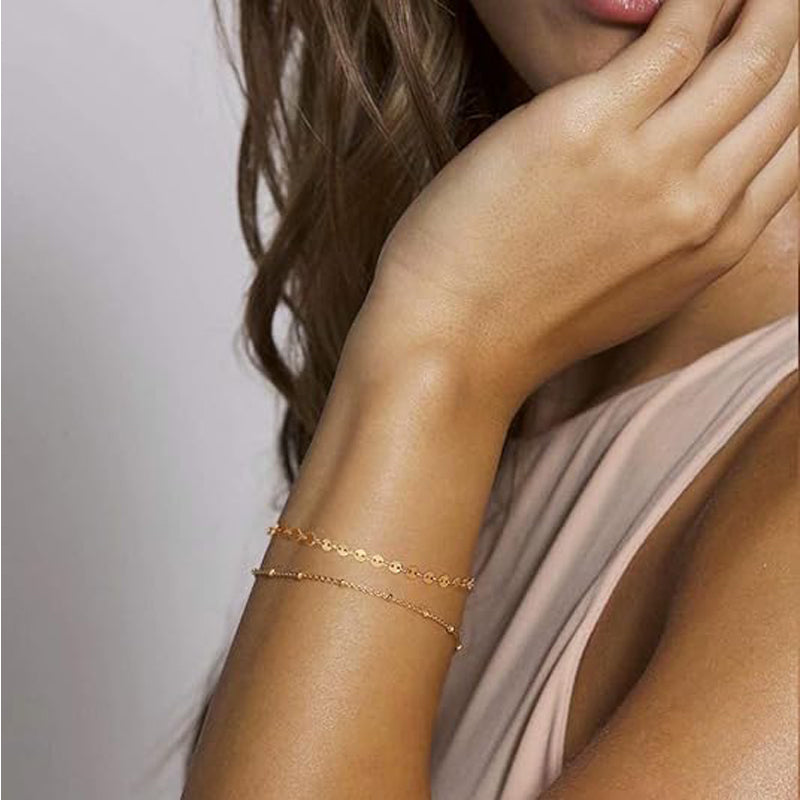 Dainty Gold Bracelets For Women, 14K Gold Filled Adjustable Layered Bracelet Cute Oval Chain  Bar Gold Bracelets For Women Jewelry