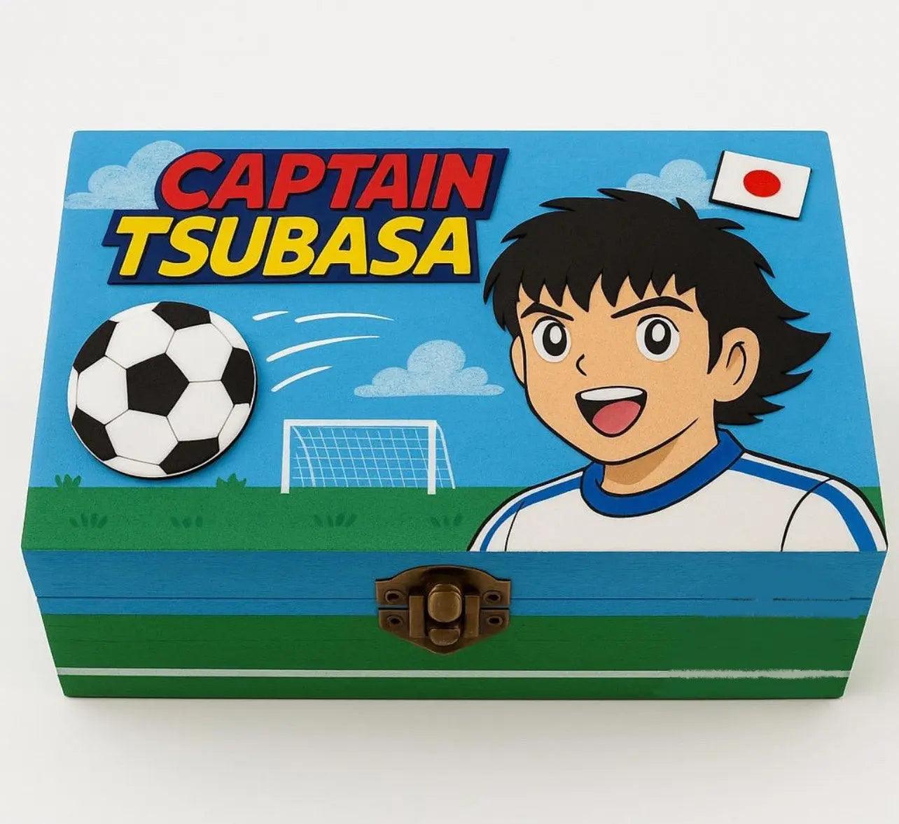 Captain Tsubasa wooden box with soccer ball and character Oliver design, handmade anime collectible storage box