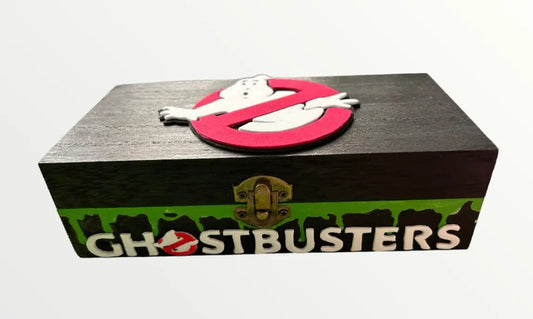 Wooden Ghostbusters decorative box with 3D logo and latch, handmade collectible storage container