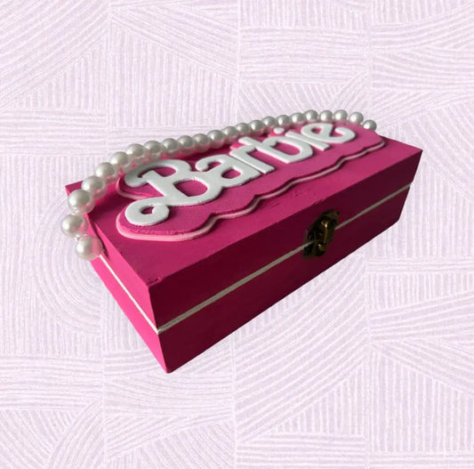 Hand-painted wooden Barbie decorative box with 3D EVA foam lettering and pink finish for jewelry or keepsakes