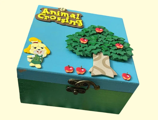 Handcrafted Animal Crossing wooden decorative box featuring textured tree and character design with apple accents, perfect for gaming fans and collectors.