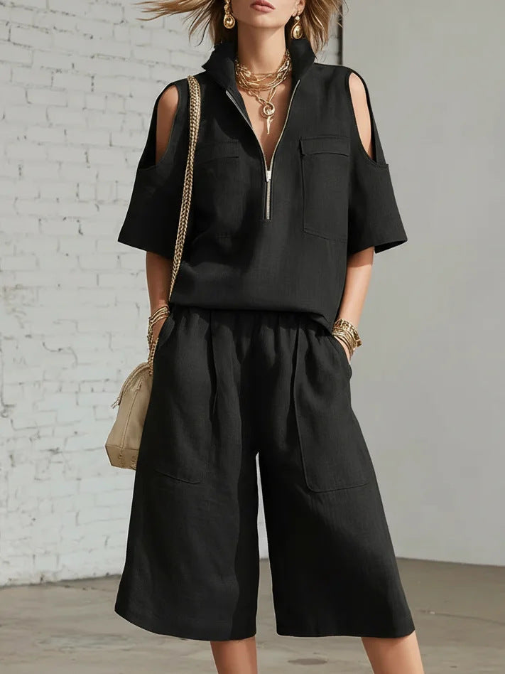 Womens Short-Sleeve Shirt And Shorts Loose Pants Two-Piece Set