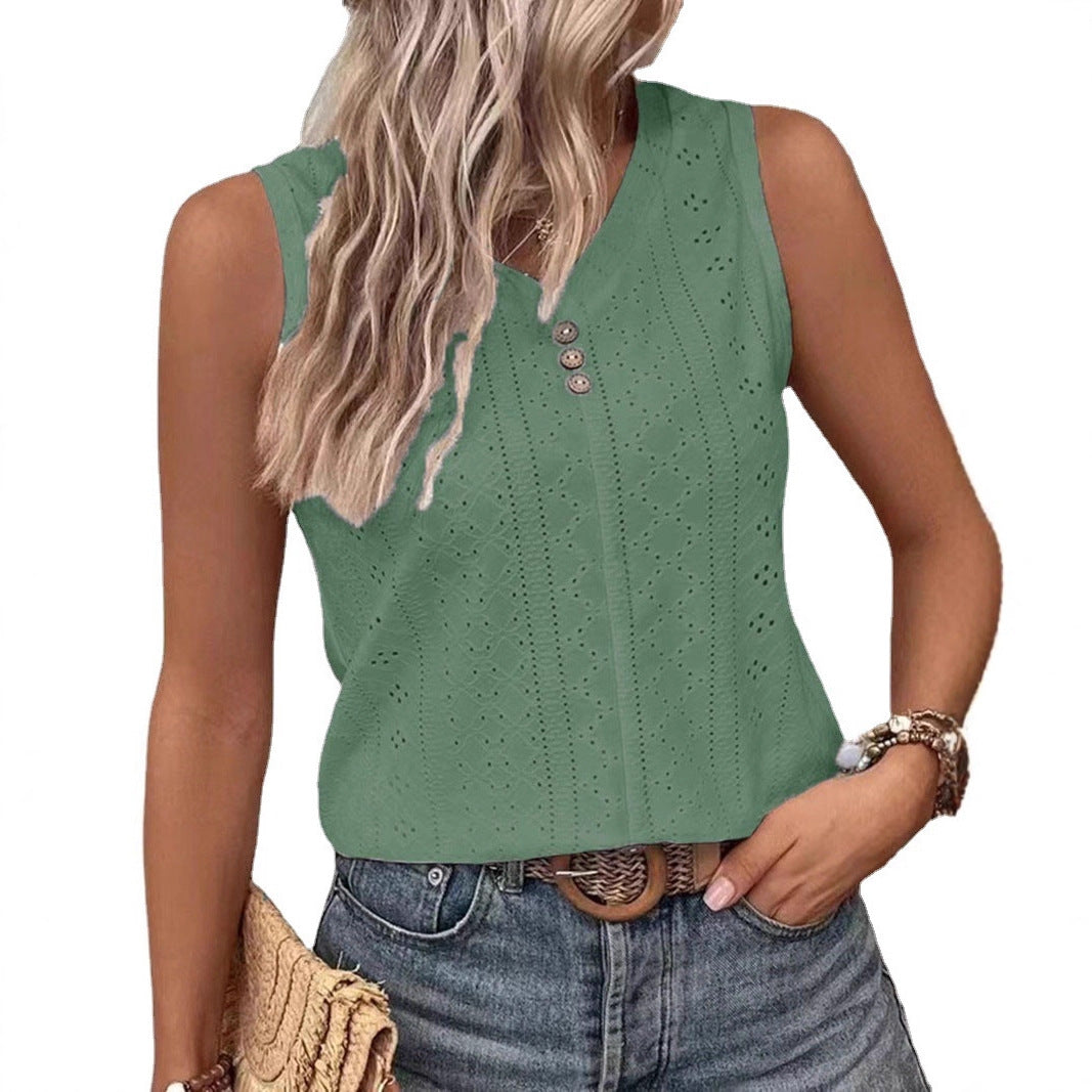 Solid-color Casual Round-neck Button-back Tank Top T-shirt