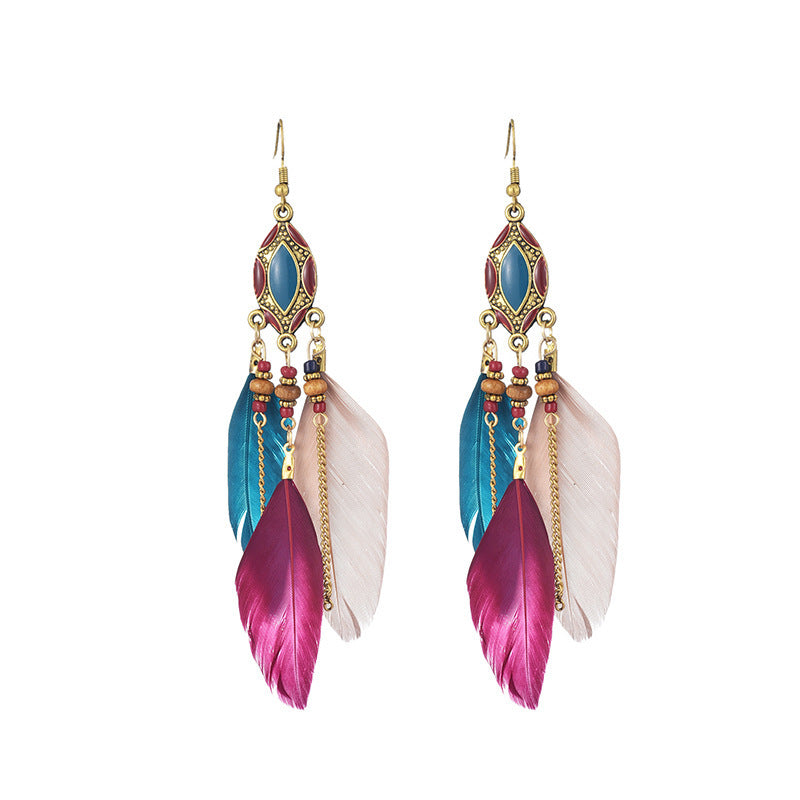 Creative Retro Tassel Feather Earrings Women's Long Oil Dripping