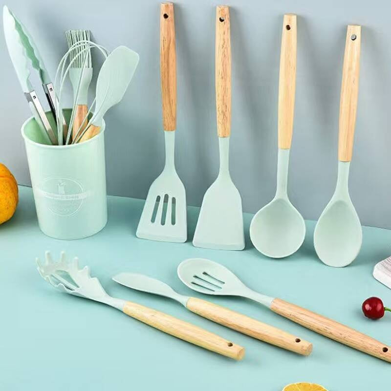 Kitchen Utensil Set 12 PCS Silicone Cooking Tools With Wooden Handle, Cooking Utensils Set Heat Resistant & Non-Scratch For Nonstick Pans, Utensil Set Includes Spatula, Spoon & Tongs, Kitchen Accessor