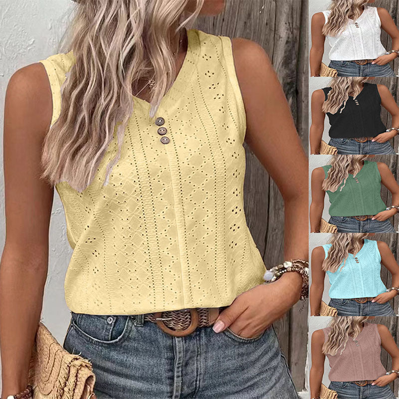 Solid-color Casual Round-neck Button-back Tank Top T-shirt