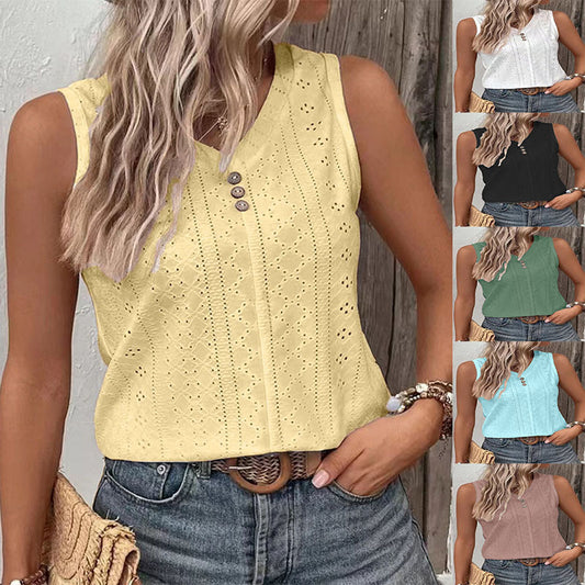 Solid-color Casual Round-neck Button-back Tank Top T-shirt