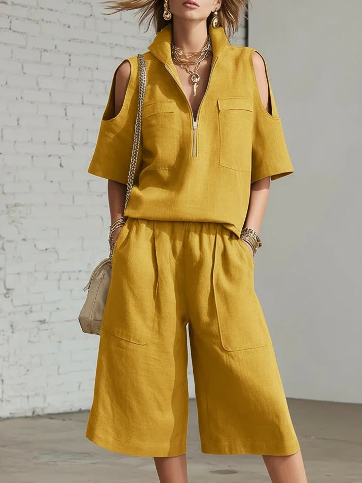 Womens Short-Sleeve Shirt And Shorts Loose Pants Two-Piece Set