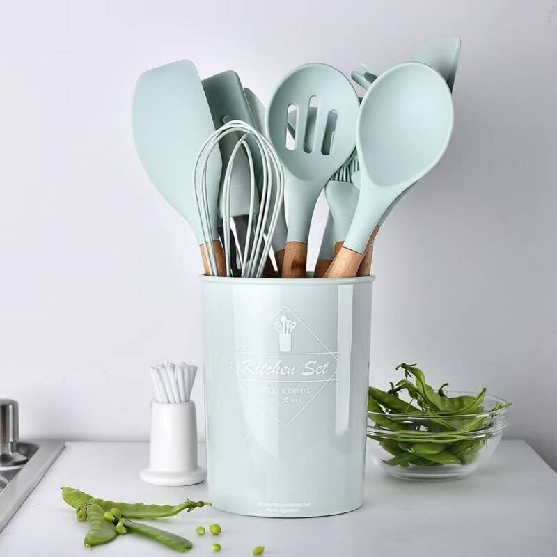 Kitchen Utensil Set 12 PCS Silicone Cooking Tools With Wooden Handle, Cooking Utensils Set Heat Resistant & Non-Scratch For Nonstick Pans, Utensil Set Includes Spatula, Spoon & Tongs, Kitchen Accessor