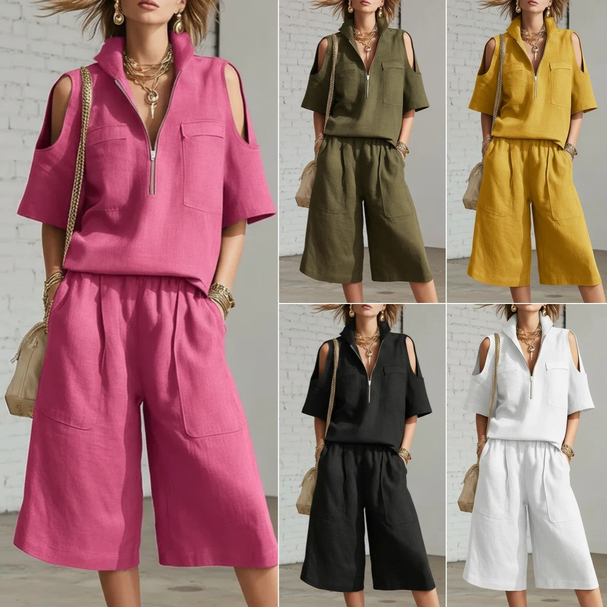 Womens Short-Sleeve Shirt And Shorts Loose Pants Two-Piece Set