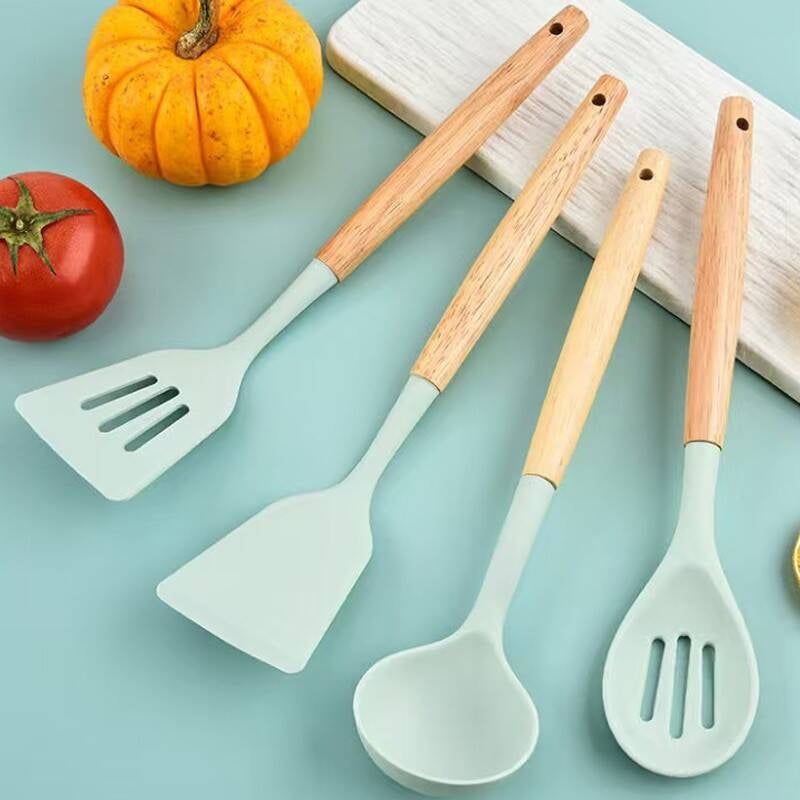 Kitchen Utensil Set 12 PCS Silicone Cooking Tools With Wooden Handle, Cooking Utensils Set Heat Resistant & Non-Scratch For Nonstick Pans, Utensil Set Includes Spatula, Spoon & Tongs, Kitchen Accessor
