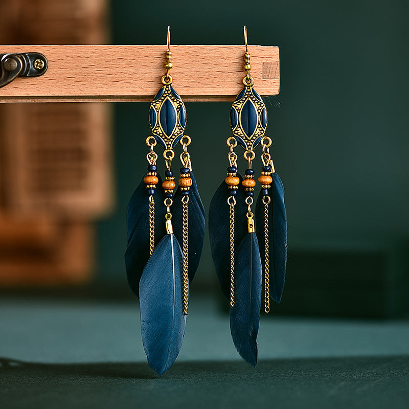 Creative Retro Tassel Feather Earrings Women's Long Oil Dripping