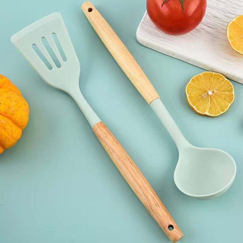Kitchen Utensil Set 12 PCS Silicone Cooking Tools With Wooden Handle, Cooking Utensils Set Heat Resistant & Non-Scratch For Nonstick Pans, Utensil Set Includes Spatula, Spoon & Tongs, Kitchen Accessor