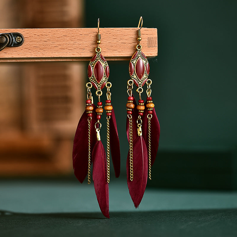Creative Retro Tassel Feather Earrings Women's Long Oil Dripping