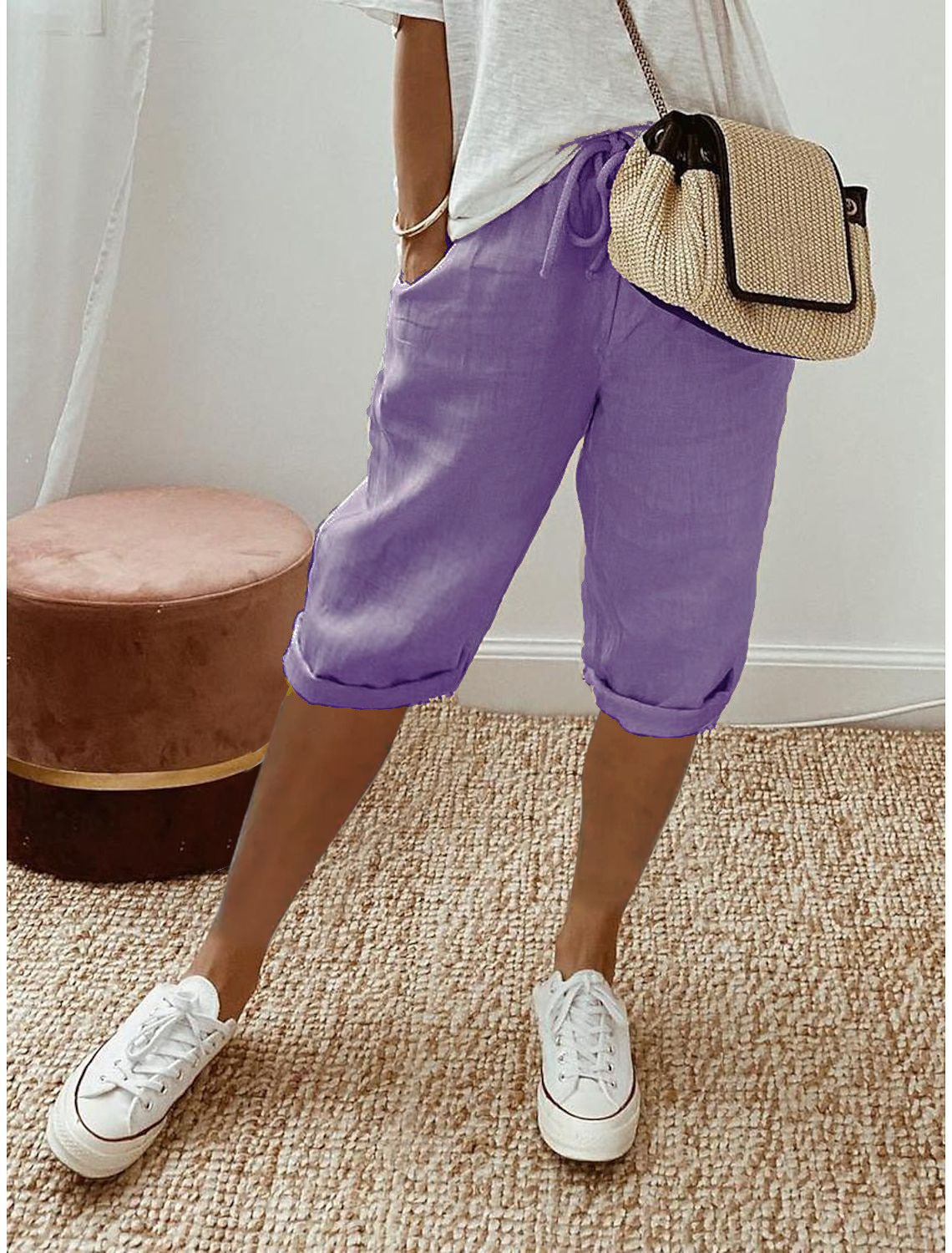 Women's Cotton And Linen Pocket Elasticated Slacks Women's Fifth Pants