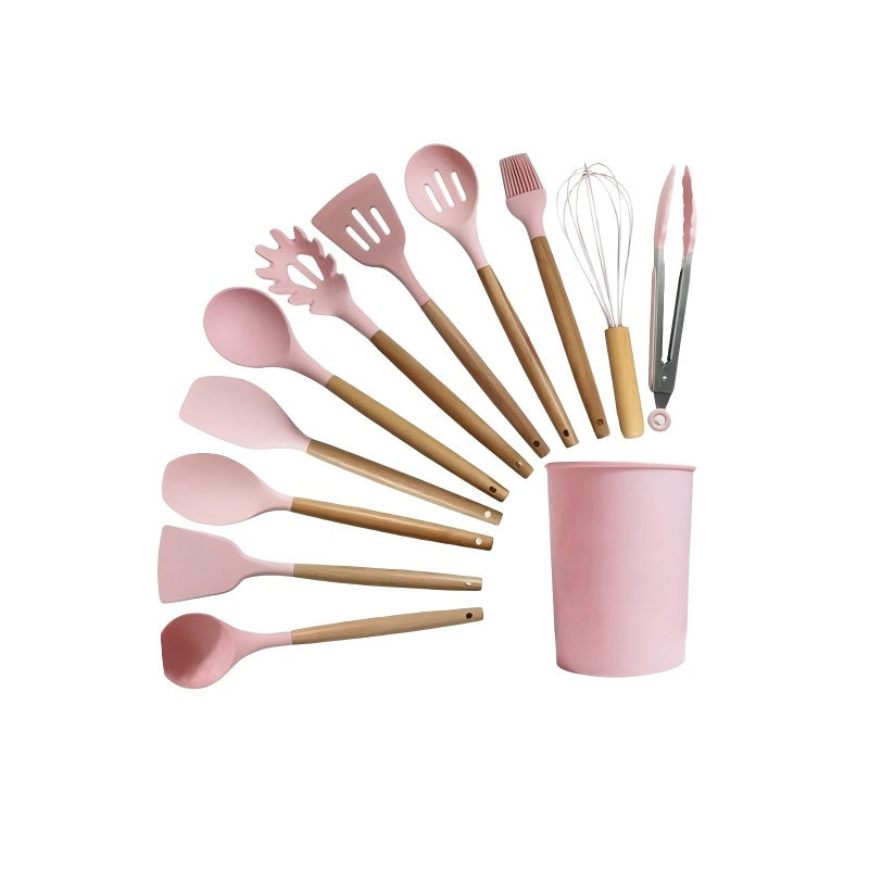 Kitchen Utensil Set 12 PCS Silicone Cooking Tools With Wooden Handle, Cooking Utensils Set Heat Resistant & Non-Scratch For Nonstick Pans, Utensil Set Includes Spatula, Spoon & Tongs, Kitchen Accessor