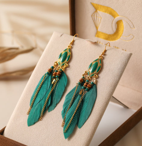 Creative Retro Tassel Feather Earrings Women's Long Oil Dripping