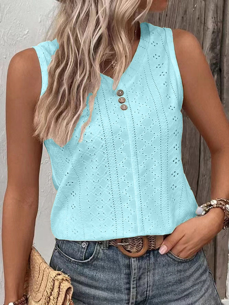 Solid-color Casual Round-neck Button-back Tank Top T-shirt