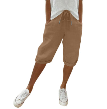 Women's Cotton And Linen Pocket Elasticated Slacks Women's Fifth Pants