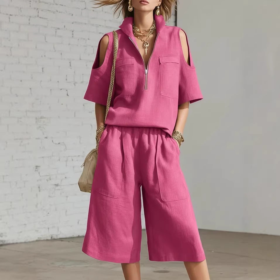 Womens Short-Sleeve Shirt And Shorts Loose Pants Two-Piece Set