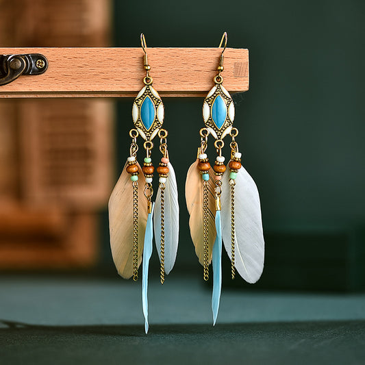 Creative Retro Tassel Feather Earrings Women's Long Oil Dripping